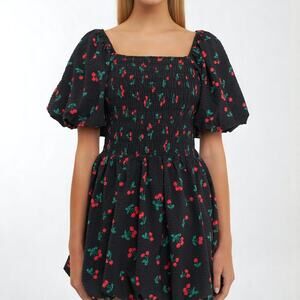 English Factory Size Large Cherry Print Smocked Dress Fit & Flare Puff Sleeve